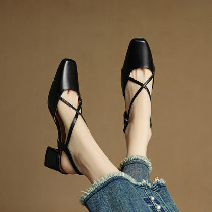 Classic block heel leather strap heels for women | Cecelia -8