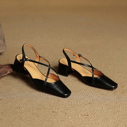 Classic block heel leather strap heels for women | Cecelia -10