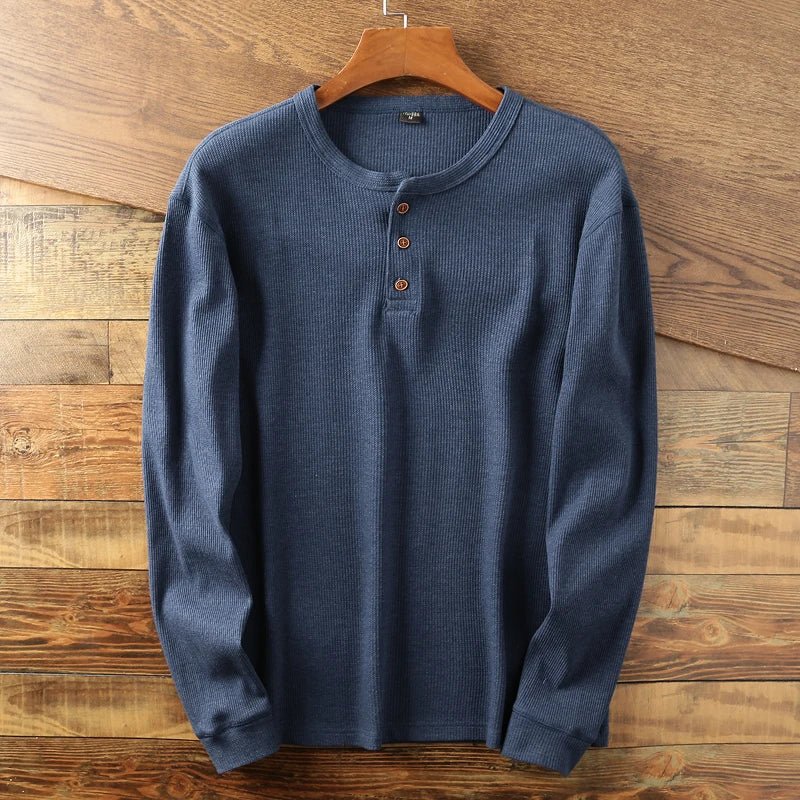 Relaxed fit waffle knit henley long sleeve top for men | Ardin