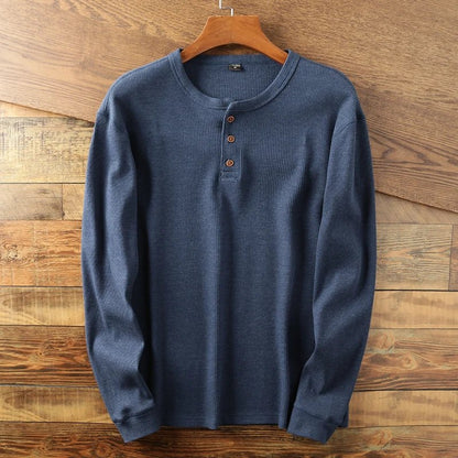 Relaxed fit waffle knit henley long sleeve top for men | Ardin