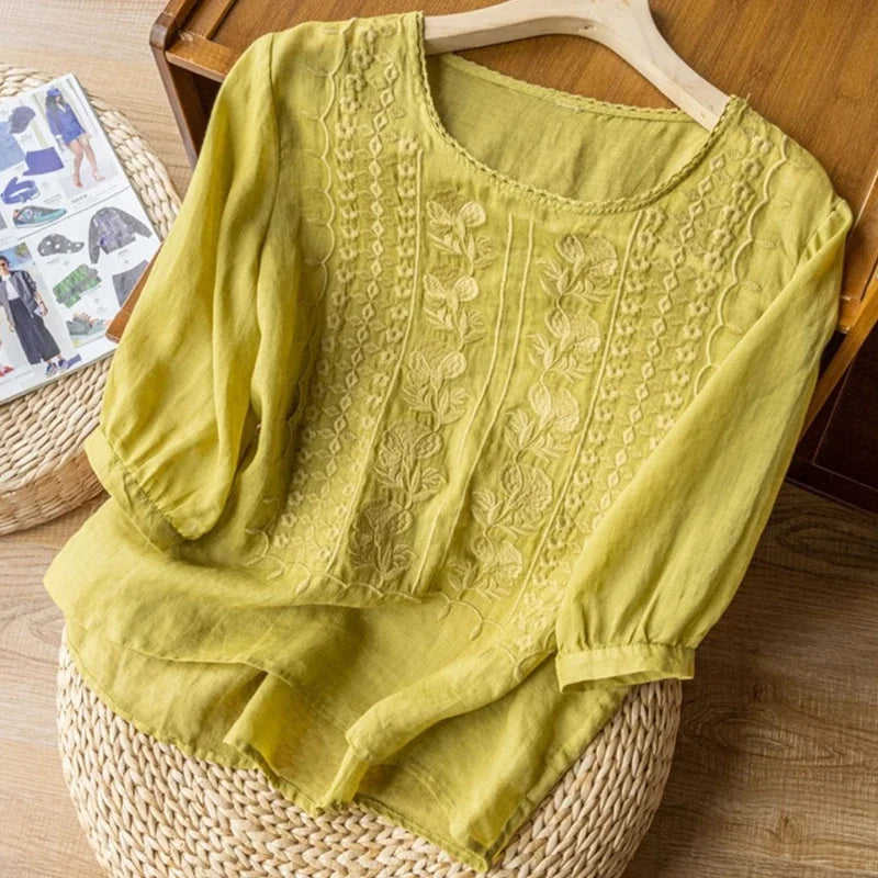 Floral embroidered high low hem linen blouse for women | Seraphine