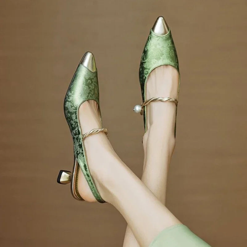 Pearl strap slingback pumps with sculpted flared heel for women | Elowire