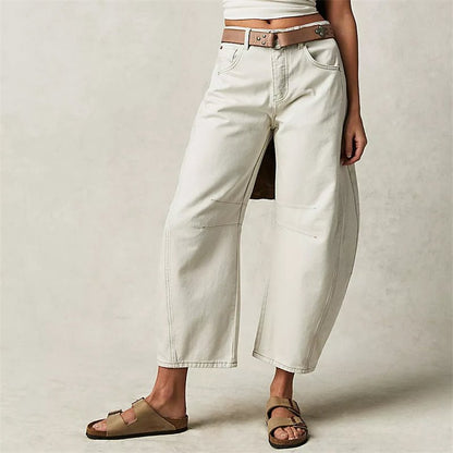 Mid rise barrel leg jeans with sculpted knee darts for women | Elira