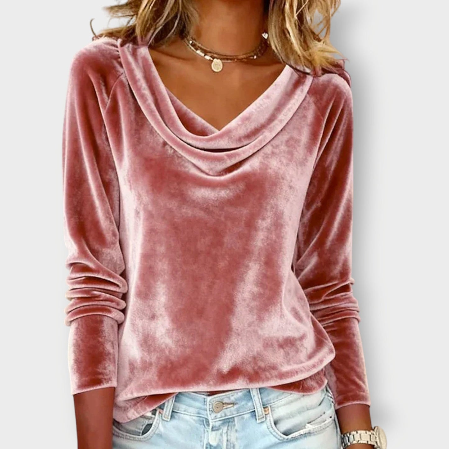 Elegant velvet drape neck top with relaxed silhouette for women | Margaret