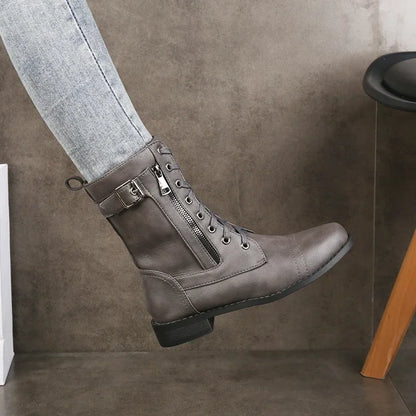 Durable lace-up leather everyday boots for women | Brandy -5