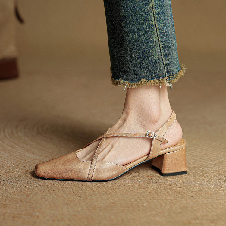 Classic block heel leather strap heels for women | Cecelia -12