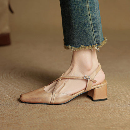 Classic block heel leather strap heels for women | Cecelia -12