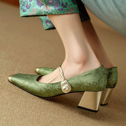Floral embossed square toe block heels for women | Casvian Fleur