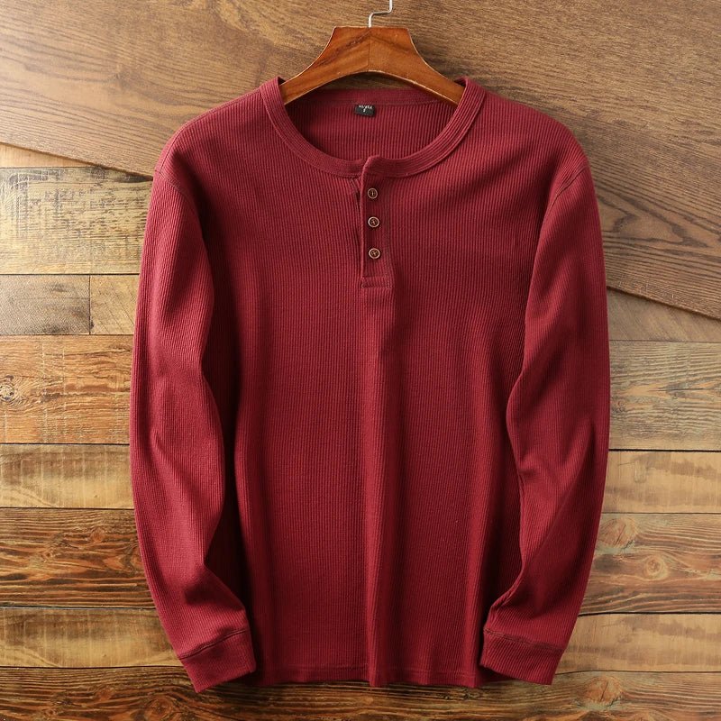 Relaxed fit waffle knit henley long sleeve top for men | Ardin