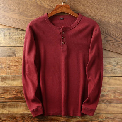 Relaxed fit waffle knit henley long sleeve top for men | Ardin