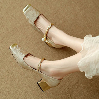 Floral embossed square toe block heels for women | Casvian Fleur