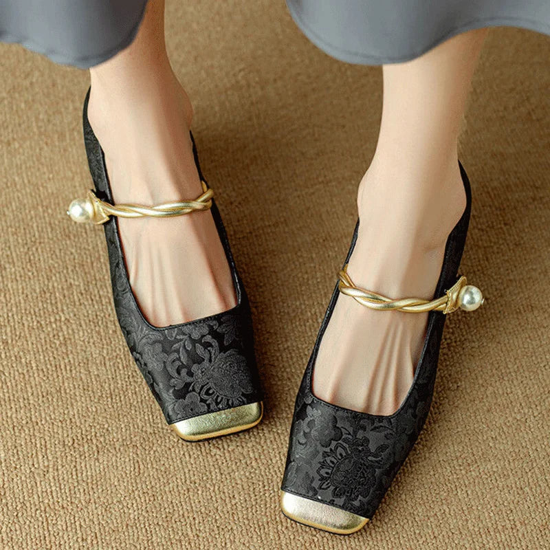Floral embossed square toe block heels for women | Casvian Fleur