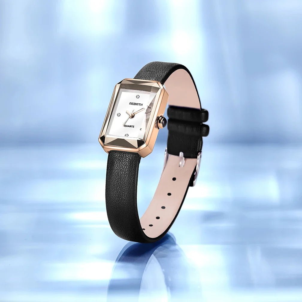 Classic slim rectangular leather strap wristwatch for women | Aurora -5