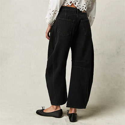 Mid rise barrel leg jeans with sculpted knee darts for women | Elira