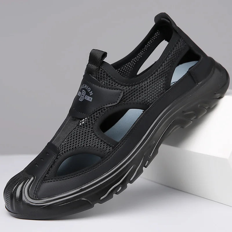 Breathable open panel slide sandals with cushioned sole for men | Rovik