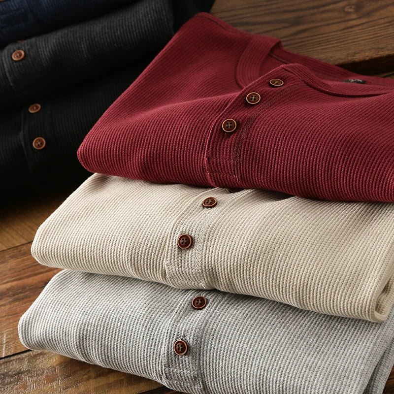Relaxed fit waffle knit henley long sleeve top for men | Ardin