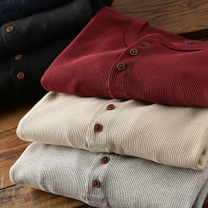 Relaxed fit waffle knit henley long sleeve top for men | Ardin