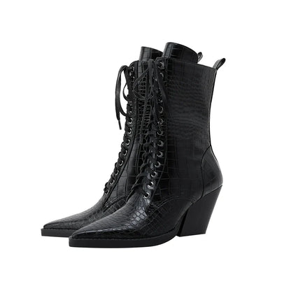 Western-inspired lace-up block heel boots for women | Izzy Ryder