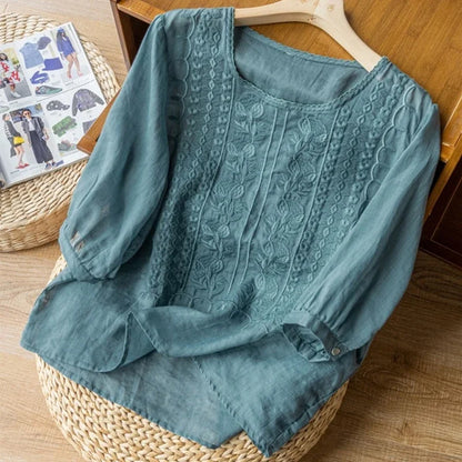 Floral embroidered high low hem linen blouse for women | Seraphine