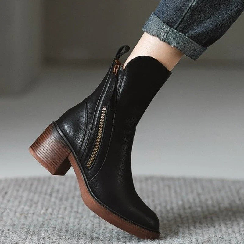 Elegant block heel leather ankle boots for women | Selene -6