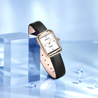 Classic slim rectangular leather strap wristwatch for women | Aurora -4