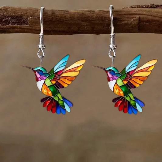 Stained glass hummingbird enamel earrings for women | Aurora Finch