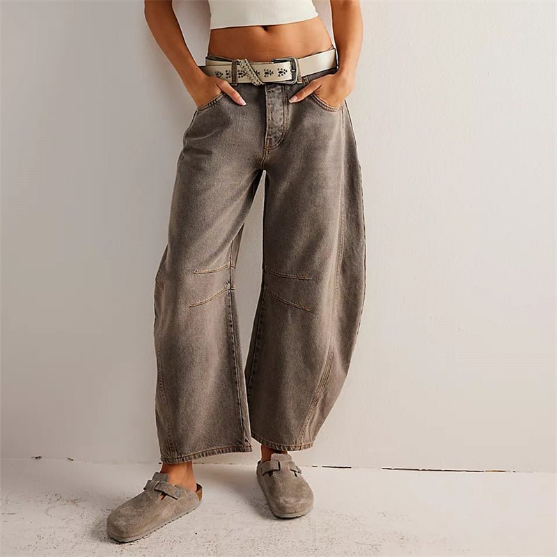 Mid rise barrel leg jeans with sculpted knee darts for women | Elira