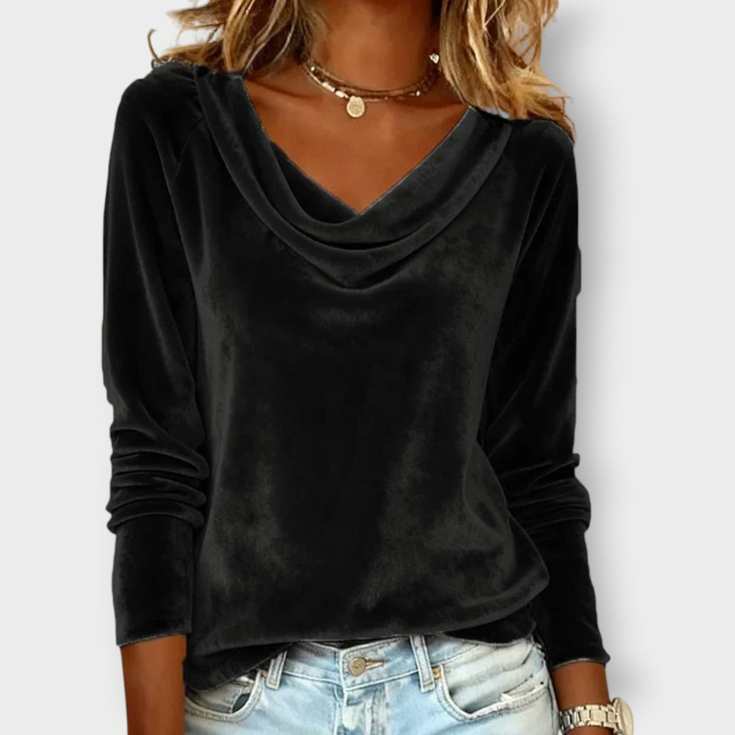Elegant velvet drape neck top with relaxed silhouette for women | Margaret