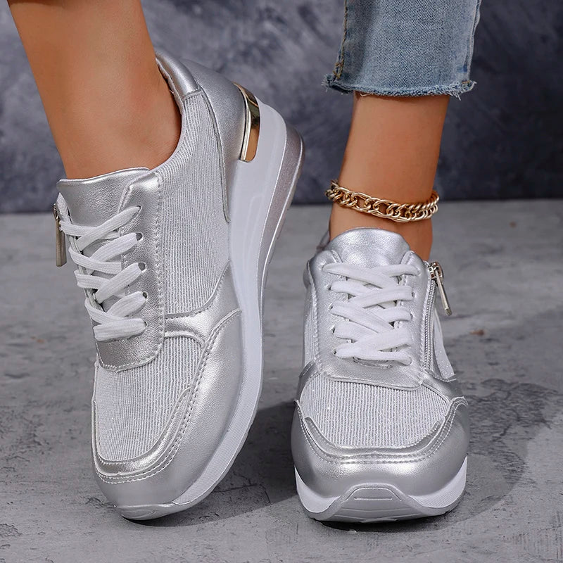 Metallic platform sneakers with side zipper for women | Stellar Surge