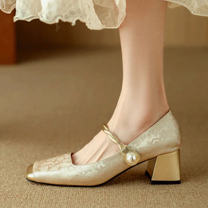 Floral embossed square toe block heels for women | Casvian Fleur