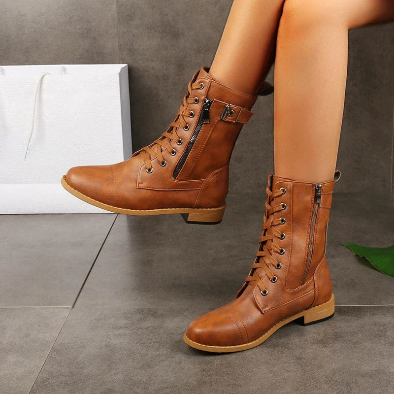 Durable lace-up leather everyday boots for women | Brandy -2