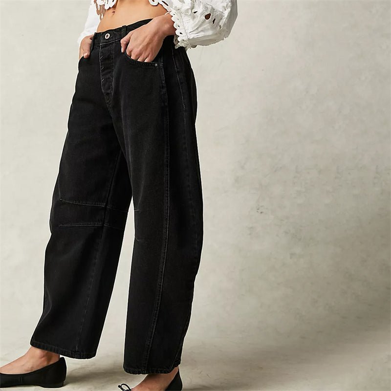 Mid rise barrel leg jeans with sculpted knee darts for women | Elira