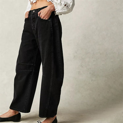 Mid rise barrel leg jeans with sculpted knee darts for women | Elira
