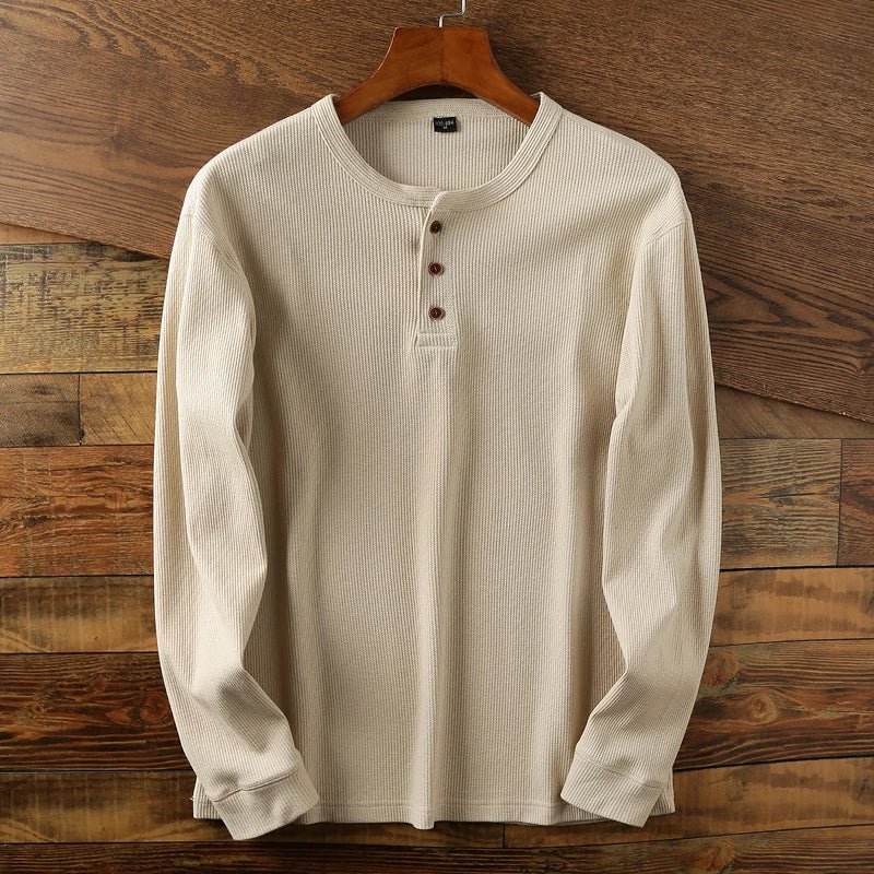 Relaxed fit waffle knit henley long sleeve top for men | Ardin