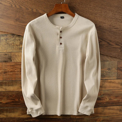 Relaxed fit waffle knit henley long sleeve top for men | Ardin
