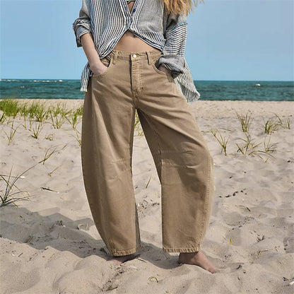 Mid rise barrel leg jeans with sculpted knee darts for women | Elira