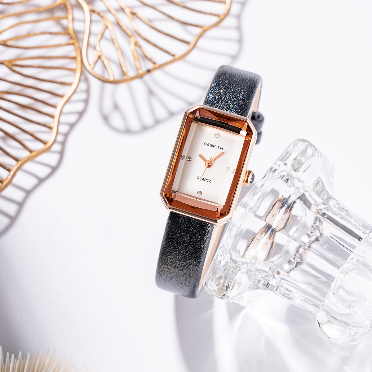 Classic slim rectangular leather strap wristwatch for women | Aurora -8