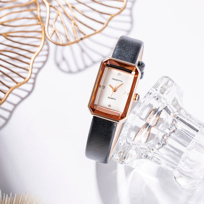 Classic slim rectangular leather strap wristwatch for women | Aurora -8