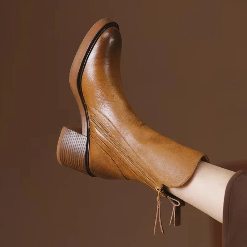 Elegant block heel leather ankle boots for women | Selene -1