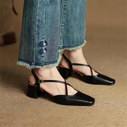 Classic block heel leather strap heels for women | Cecelia -7