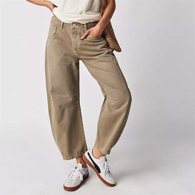 Mid rise barrel leg jeans with sculpted knee darts for women | Elira