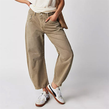 Mid rise barrel leg jeans with sculpted knee darts for women | Elira