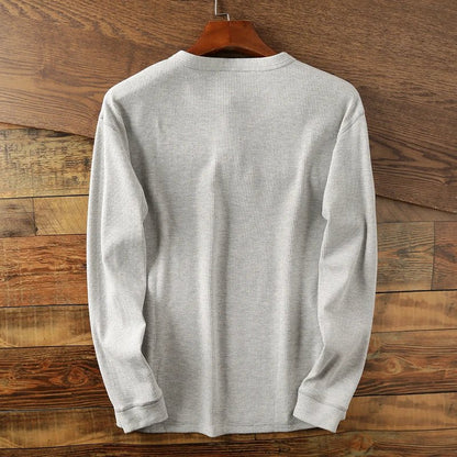 Relaxed fit waffle knit henley long sleeve top for men | Ardin