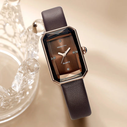 Classic slim rectangular leather strap wristwatch for women | Aurora -2