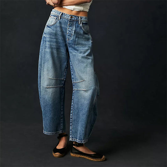 Mid rise barrel leg jeans with sculpted knee darts for women | Elira