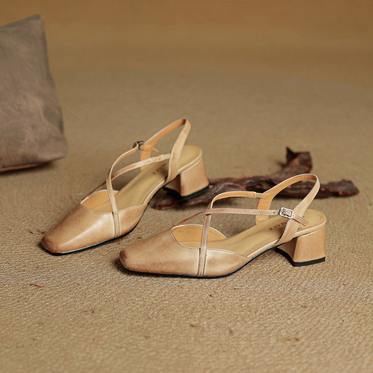 Classic block heel leather strap heels for women | Cecelia -14