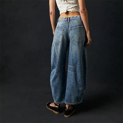 Mid rise barrel leg jeans with sculpted knee darts for women | Elira
