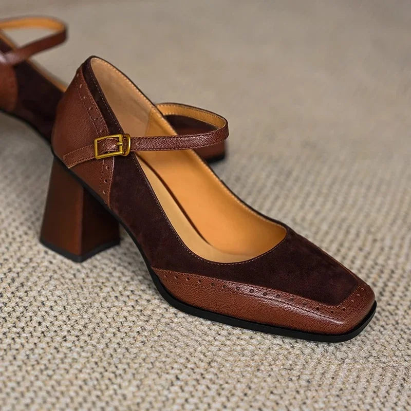 Square Toe Buckle Strap Block Heels for women | Valenza