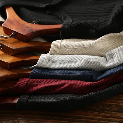 Relaxed fit waffle knit henley long sleeve top for men | Ardin