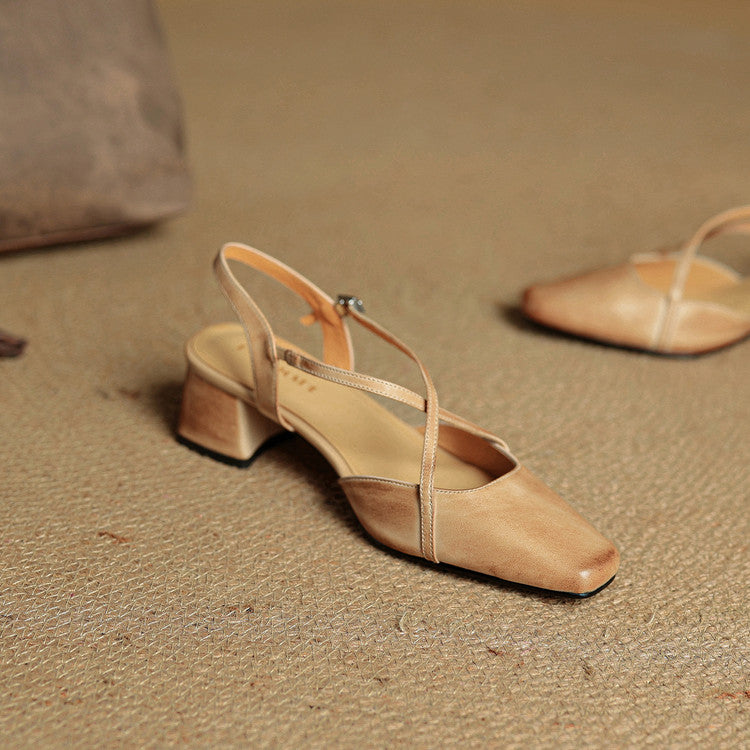 Classic block heel leather strap heels for women | Cecelia -15